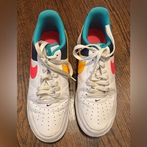 Nike Air Force 1 White, Pink, Teal, and Yellow Sneakers Size 9